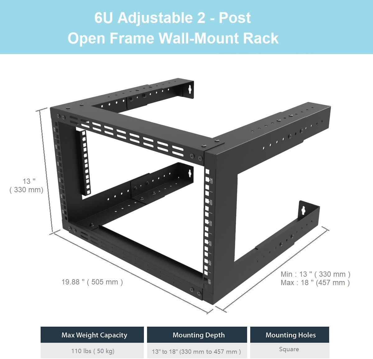 6U Vented Wall Mount Rack – Adjustable Depth for AV & IT Equipment