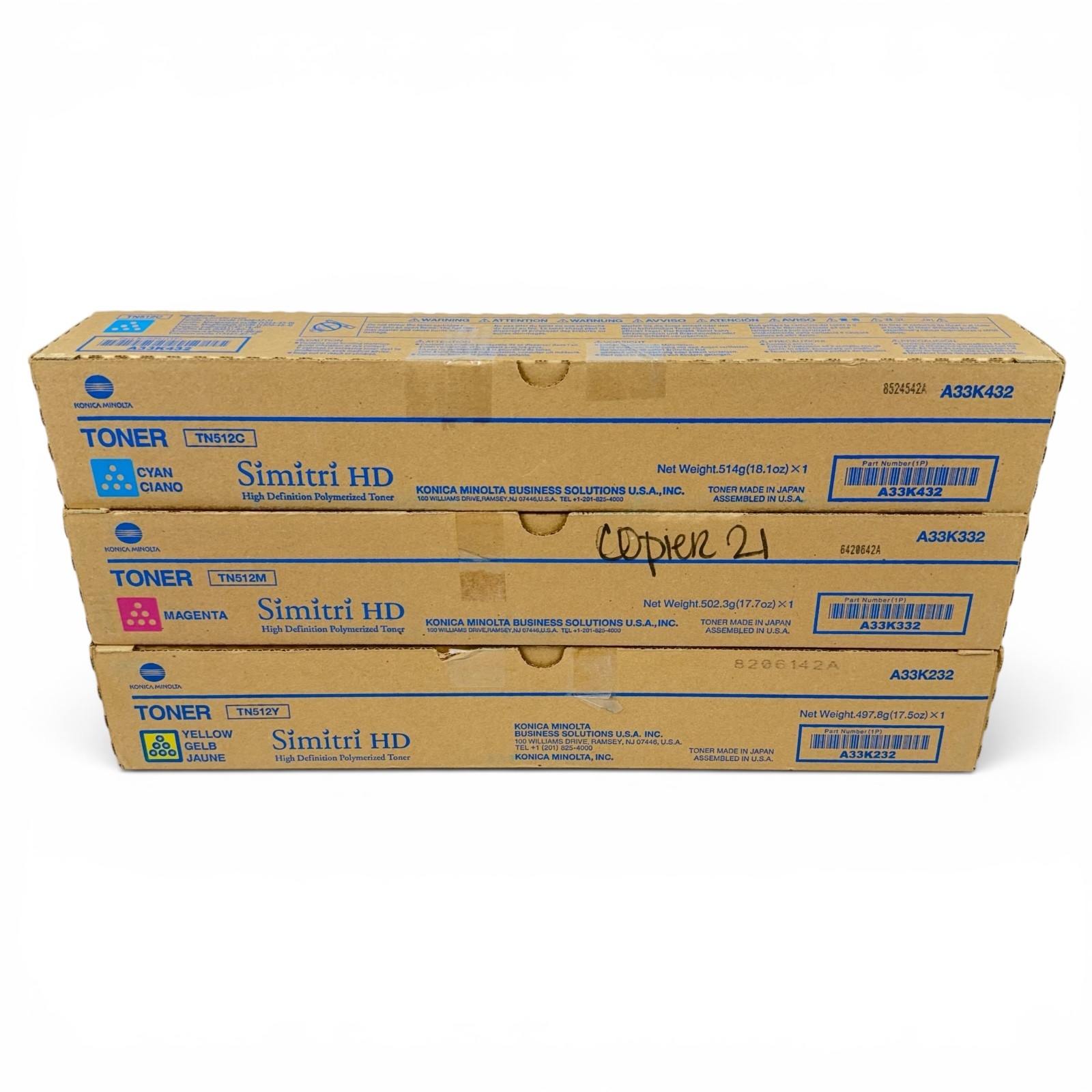 Lot of 3 TN512 Genuine Konica Minolta Simitri HD Toner Cartridges (C, M, Y) OEM