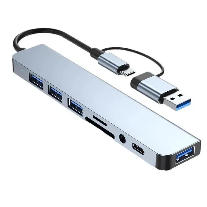 8-in-2 USB Type-C Hub Docking Station Audio Jack Micro SD Reader Adapter