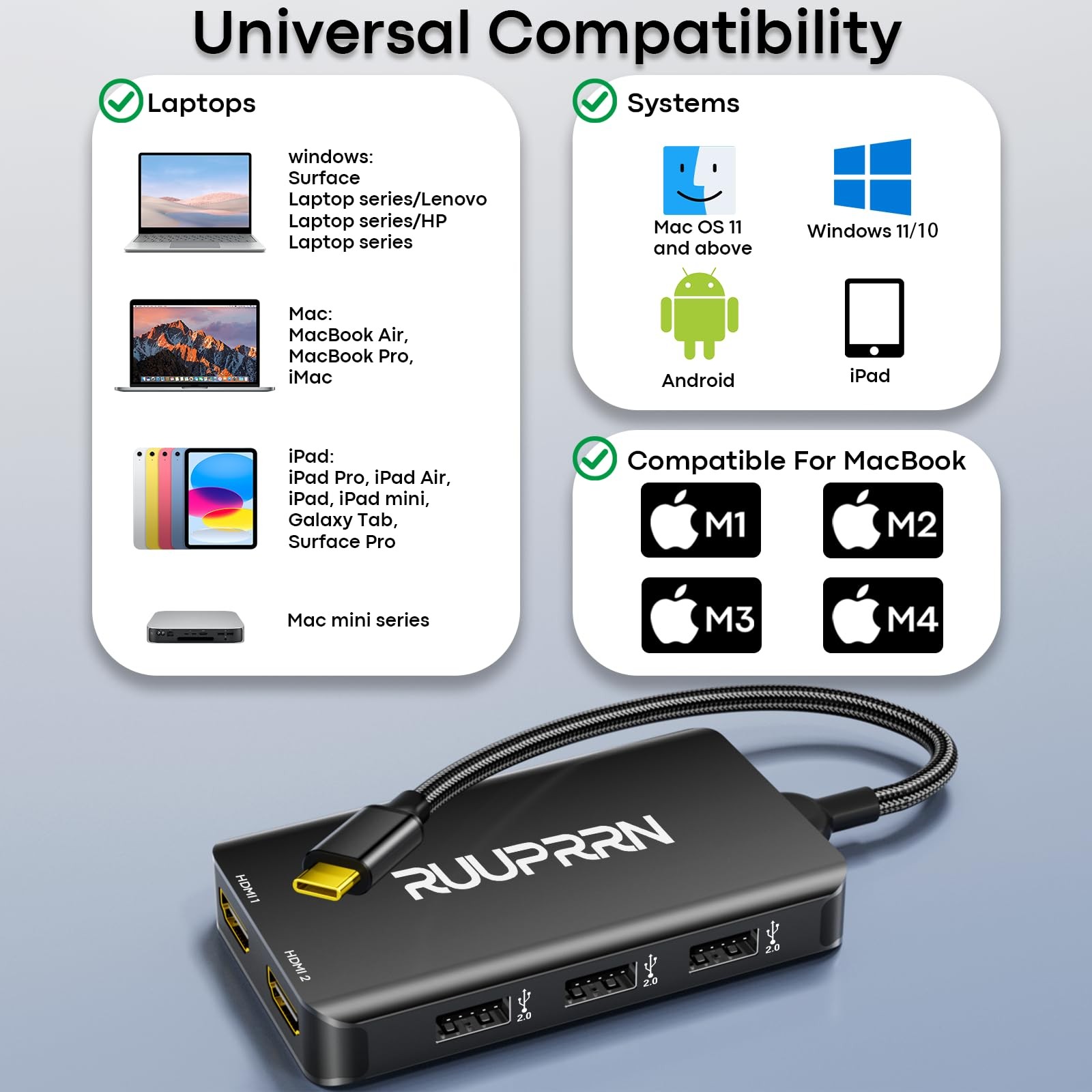 6-in-1 USB Hub (0.99FT), USB C to Dual HDMI Adapter 4K@60Hz, HDMI Splitter Ex…