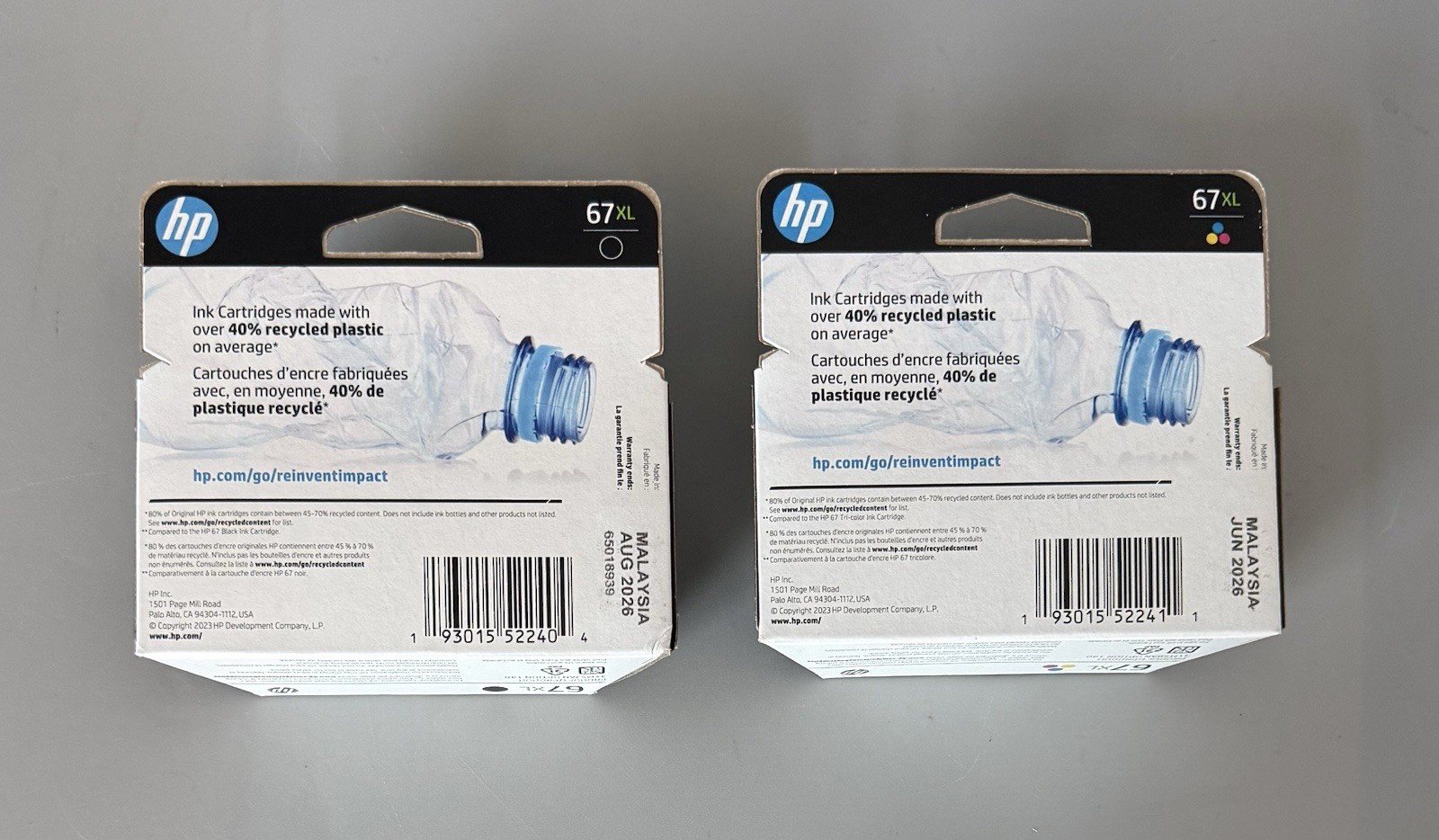Lot of 2 Genuine HP 67XL Ink Cartridges — Black & Tri-Color — 2026 Expiration
