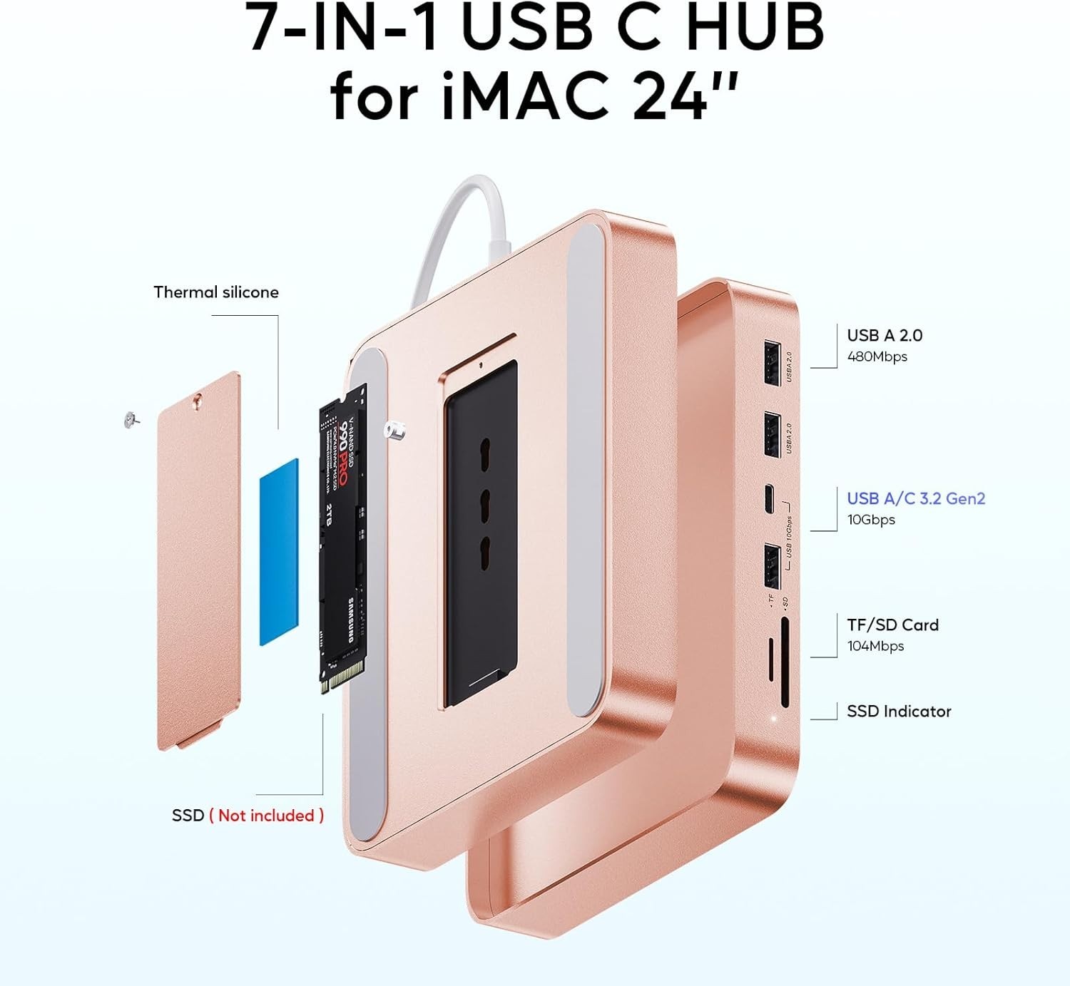 USB C Hub for iMac 24 inch 2021/2023/2024, 7-in-1 Adapter with 10Gbps Speed