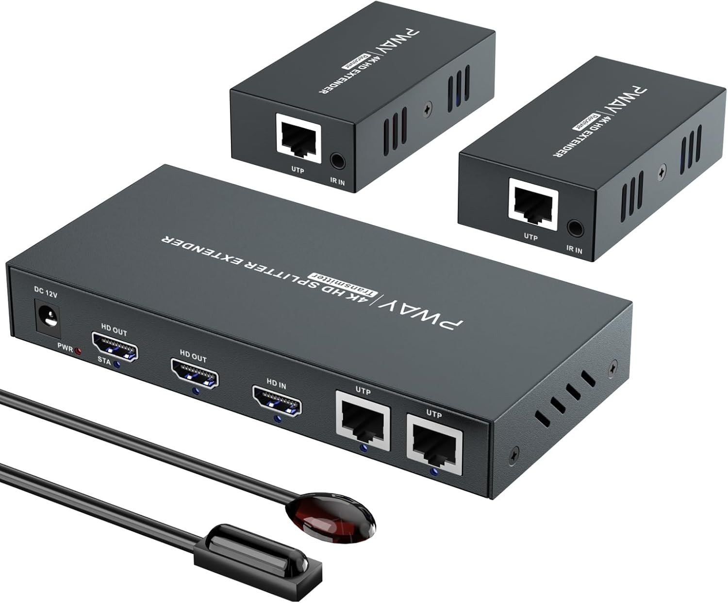 PWAYTEK HDMI Extender 1×2 4K60 Cat6 Splitter 60m IR EDID TX RX Kit
