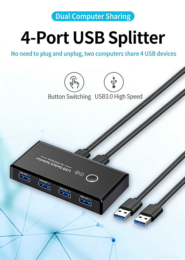 USB 3.0 KVM Switch 2 In 4 Out 2 PCs Sharing 4 USB Peripherals for Desktop Laptop