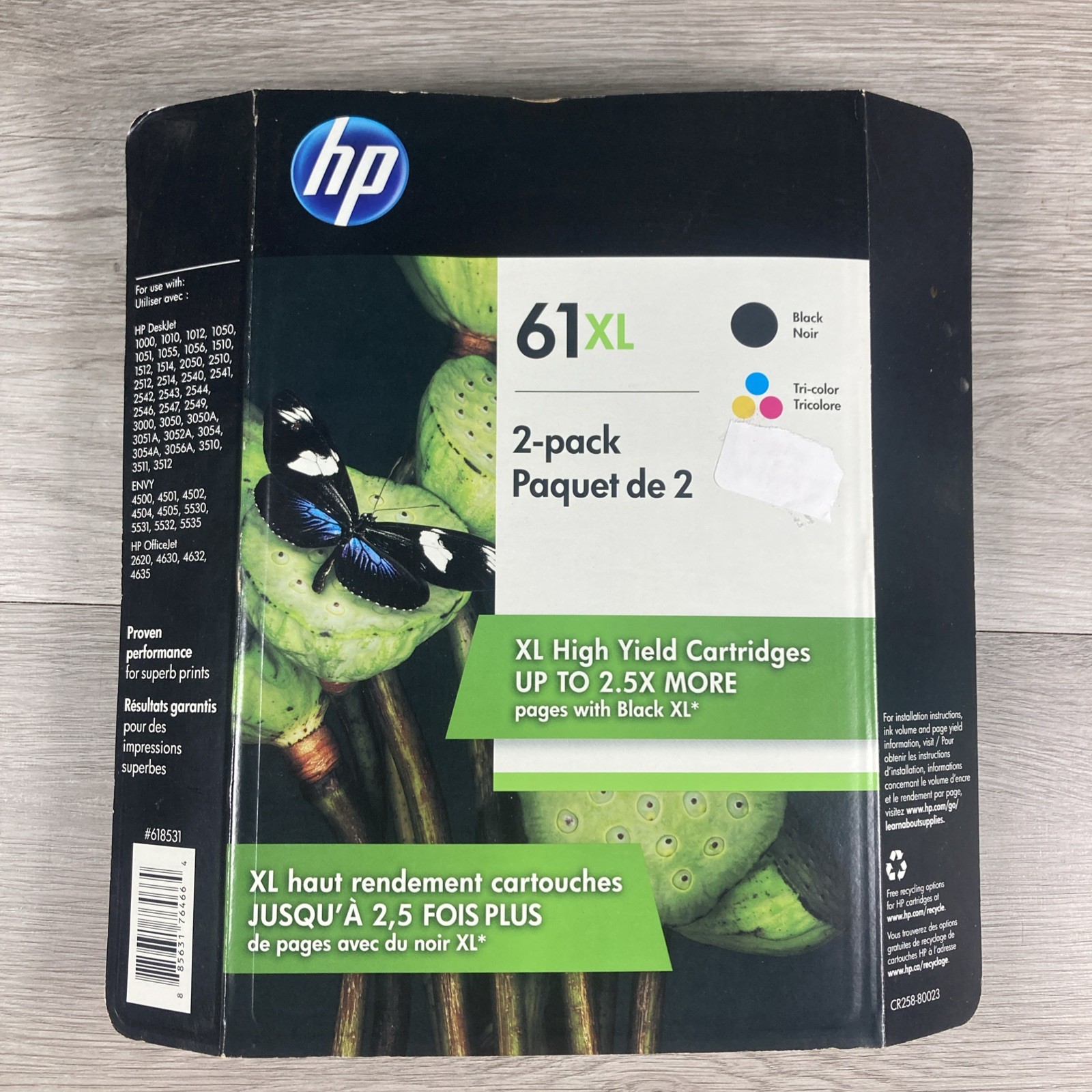 HP 61XL Ink Cartridges 2-Pack Black & Tri-Color High Yield CR258BN New