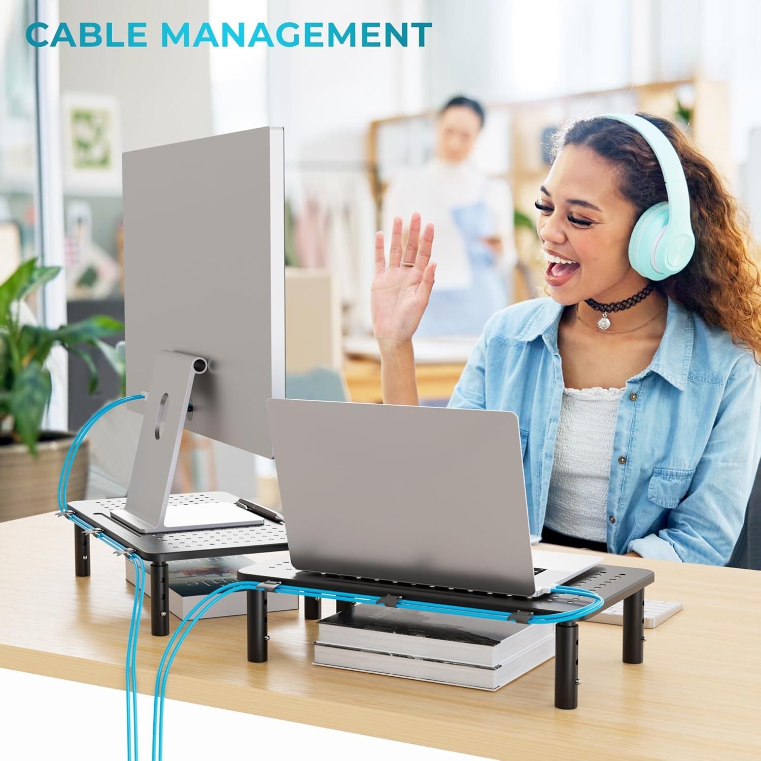 Monitor Stand 2 Pack Height Adjustable Metal Riser with Pen Holder, Black, 14…