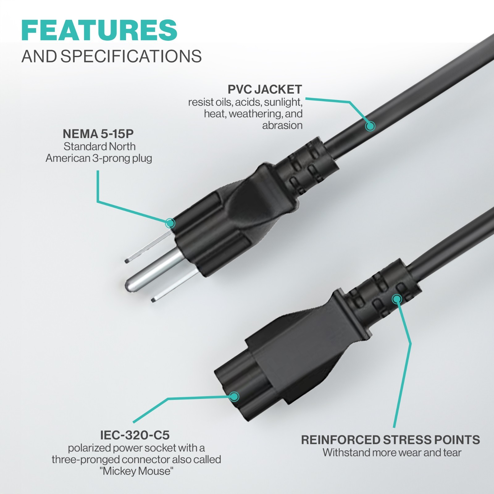 Lot of 1-100 AC 3 Prong Laptop Power Cord 3FT 5FT 10FT 125V C5 Premium Cable