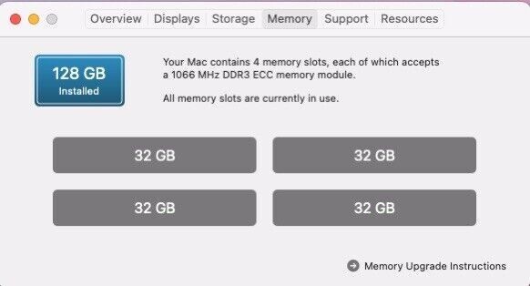 128GB -4x32GB Memory Ram Upgrade For Apple Mac Pro 2013 6,1 all CPUs 1066Mhz