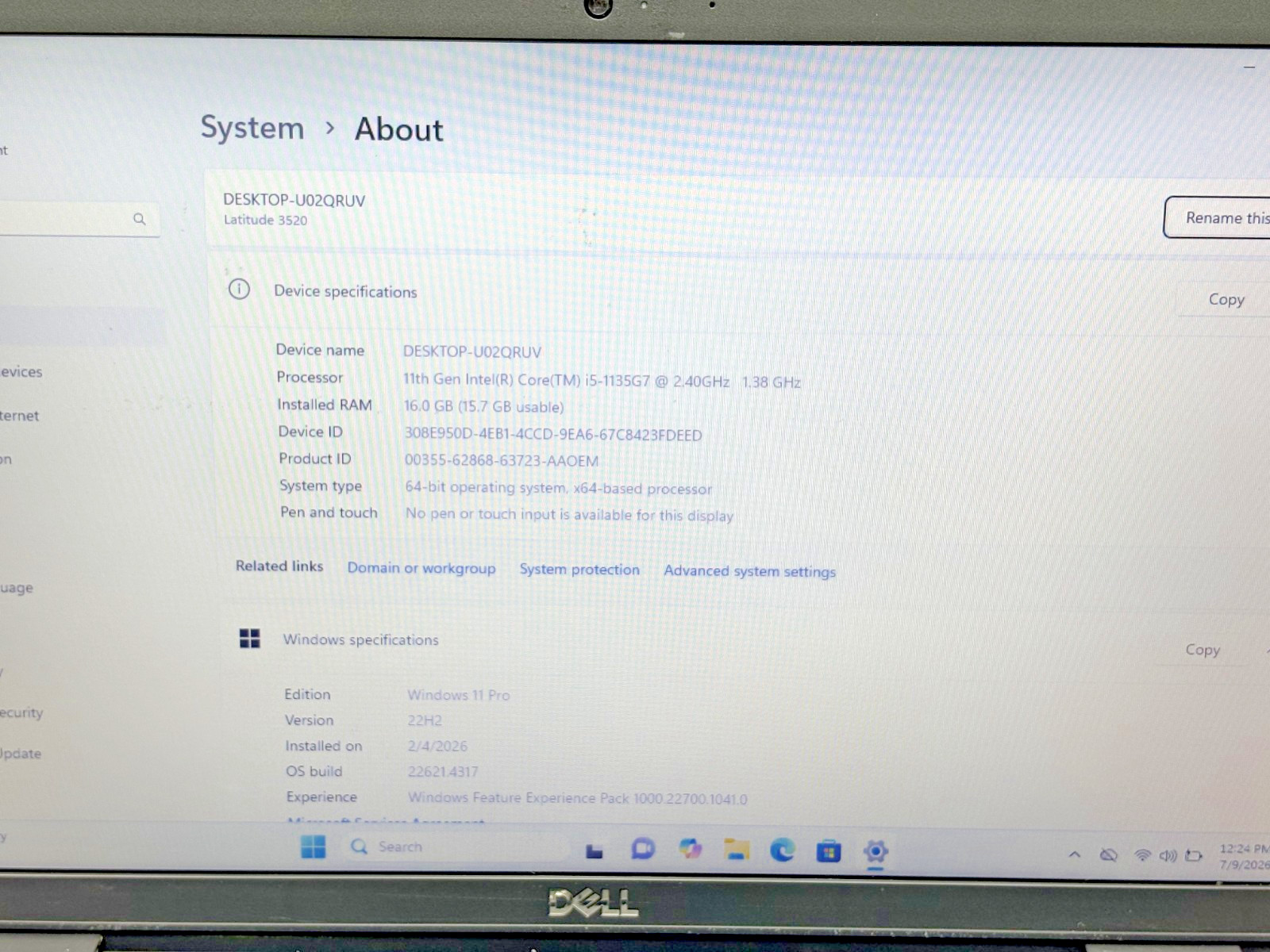 Dell Latitude 3520 Intel i5-11th Gen 2.40GHz 16GB RAM 256GB SSD Windows 11 Pro*
