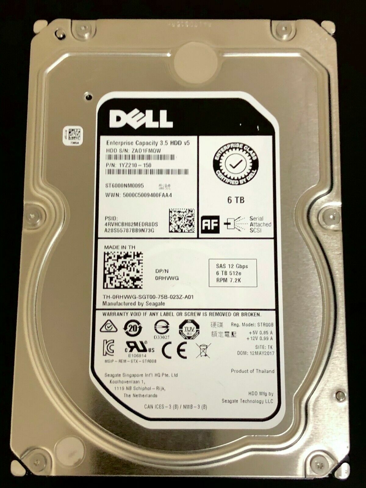DELL ST6000NM0095 RHVWG 0RHVWG 3.5″ 6TB 7.2K 12GBPS 512E SAS HARD DRIVE HDD
