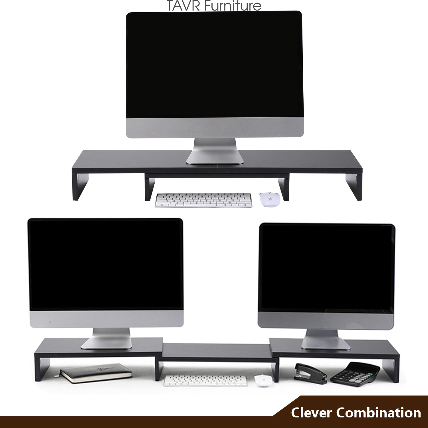 Wood Dual Monitor Stand Risers With Length And Angle Adjustable Three Shelf