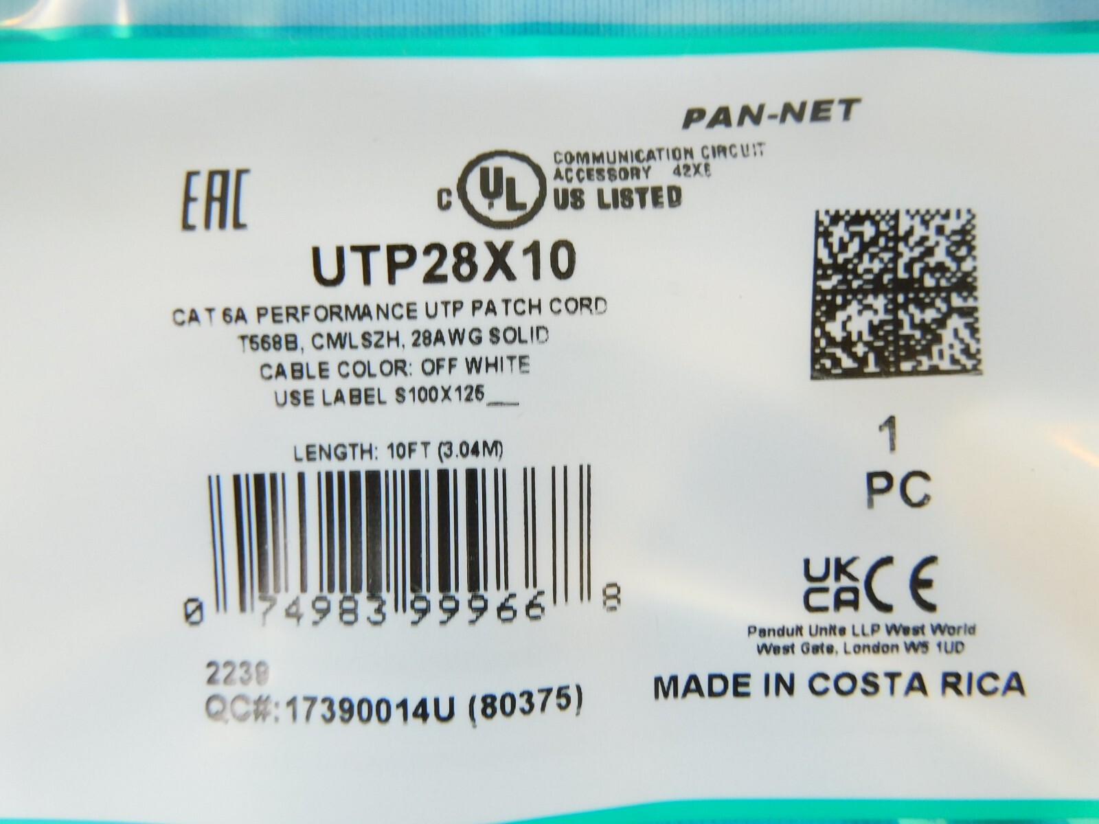 Panduit Cat6a UTP28X10 28 AWG UTP Copper Patch Cord, 10 Feet – White – NEW
