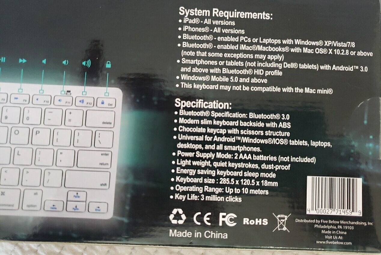 Slim Keyboard for PC iOS iPads Android Mac Wireless Bluetooth White NEW