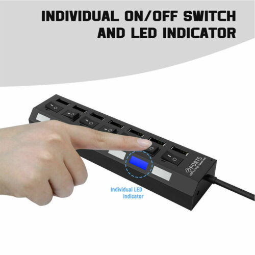 USB Hub 7 Port On/Off Switch High Speed Splitter AC Adapter Cable PC Laptop Lot
