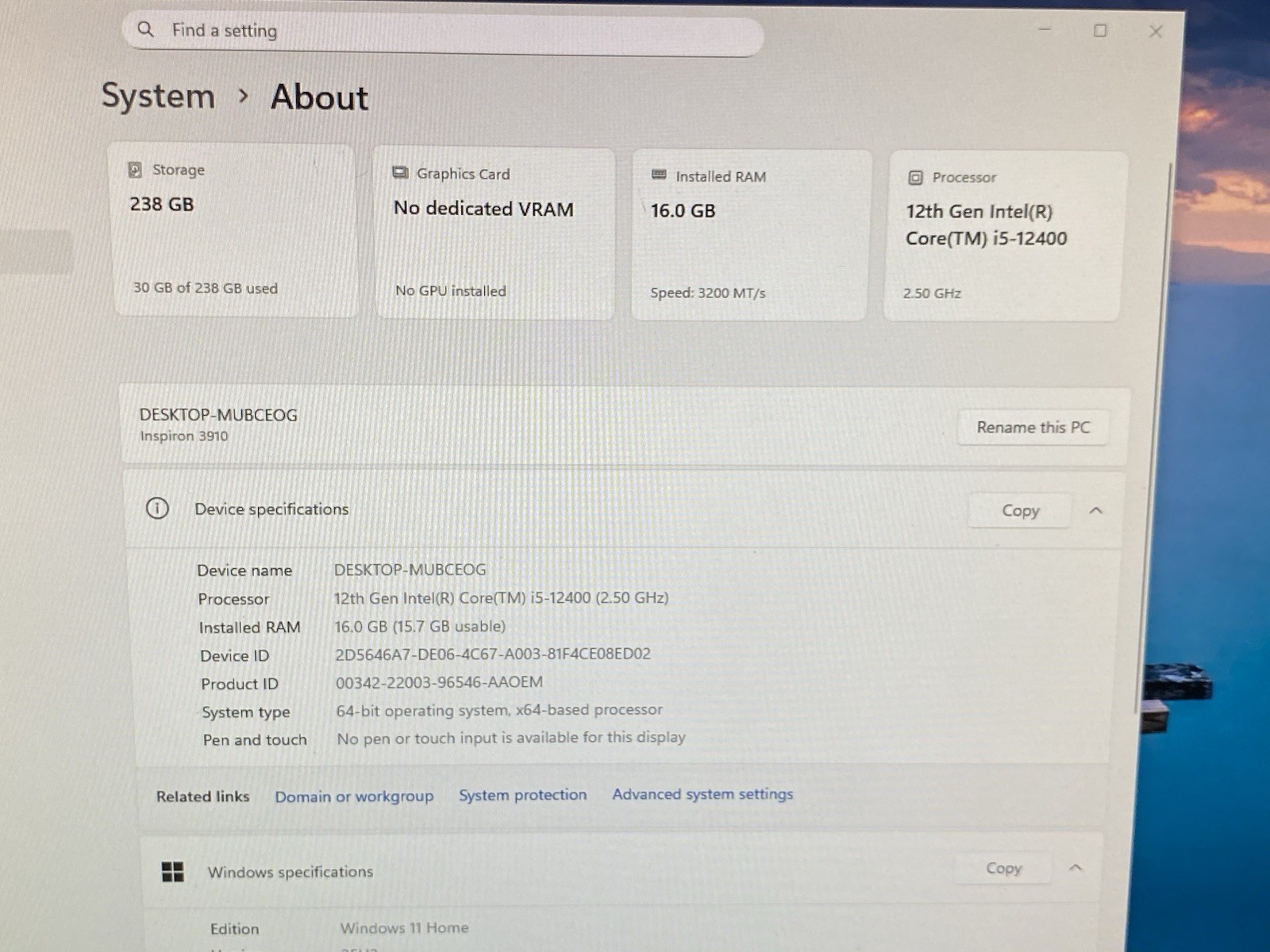 Dell Inspiron 3910 Intel Core i5-12400 2.5GHz 16GB RAM 256GB NVMe SSD Win 11