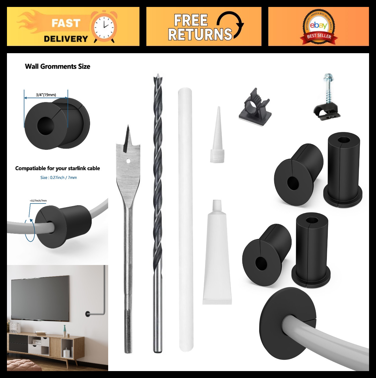 Cable Routing Kit for 3/4″ Wall Hole – 4PCS Grommets, Drill Bit & Clips Included