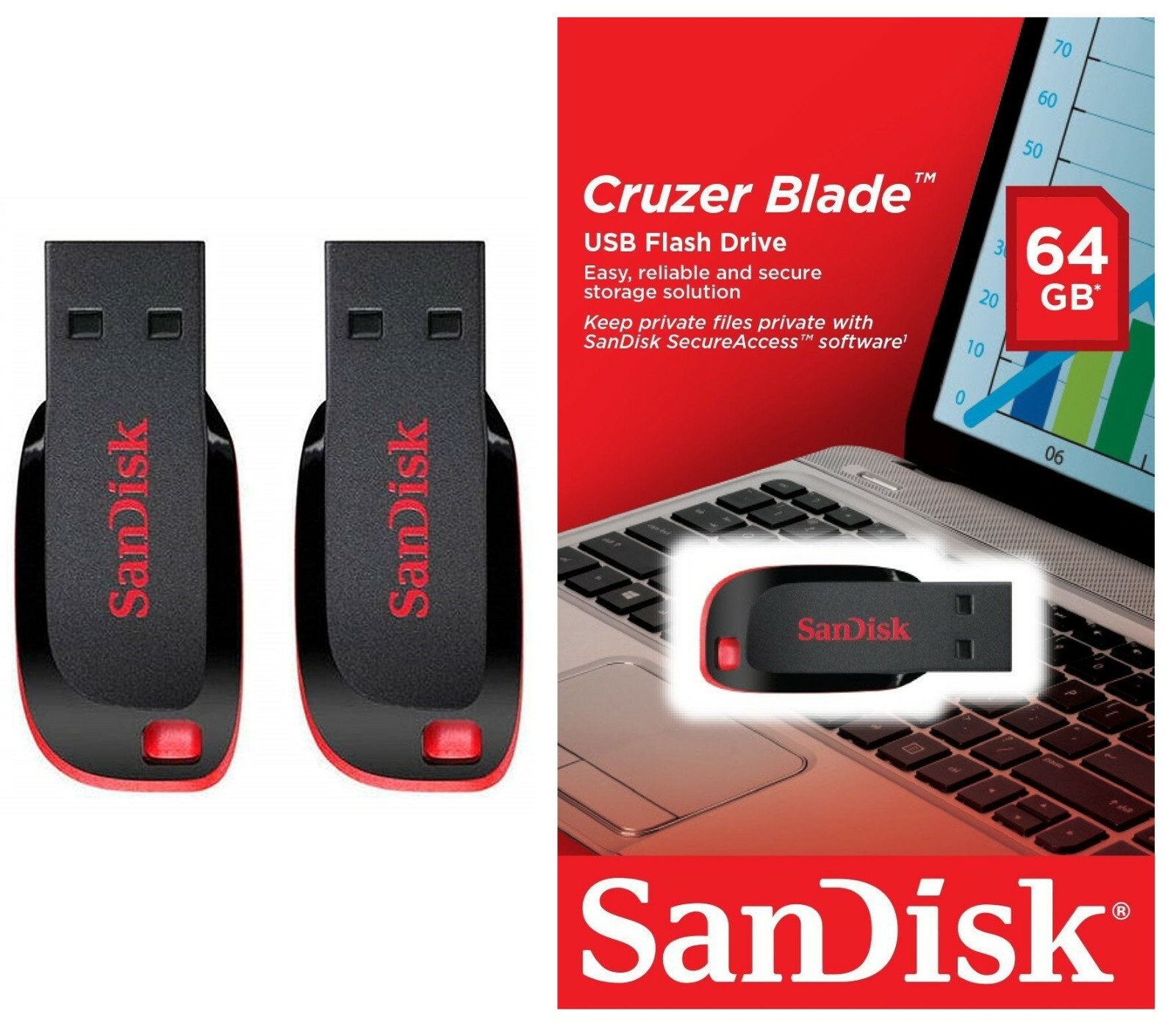 SanDisk 64GB 2x= 128GB Cruzer Blade USB 2.0 Flash Pen Drive 64G SDCZ50-064G-B35
