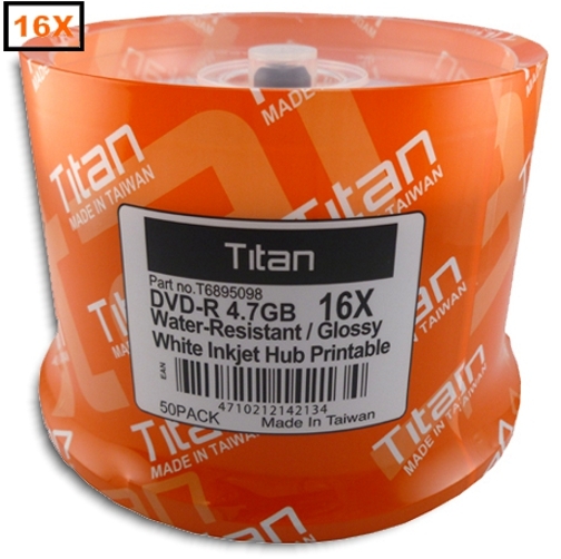 100-Pak Titan =WATER-RESISTANT= White Inkjet Hub =SEMI-GLOSSY= 16X DVD-R’s