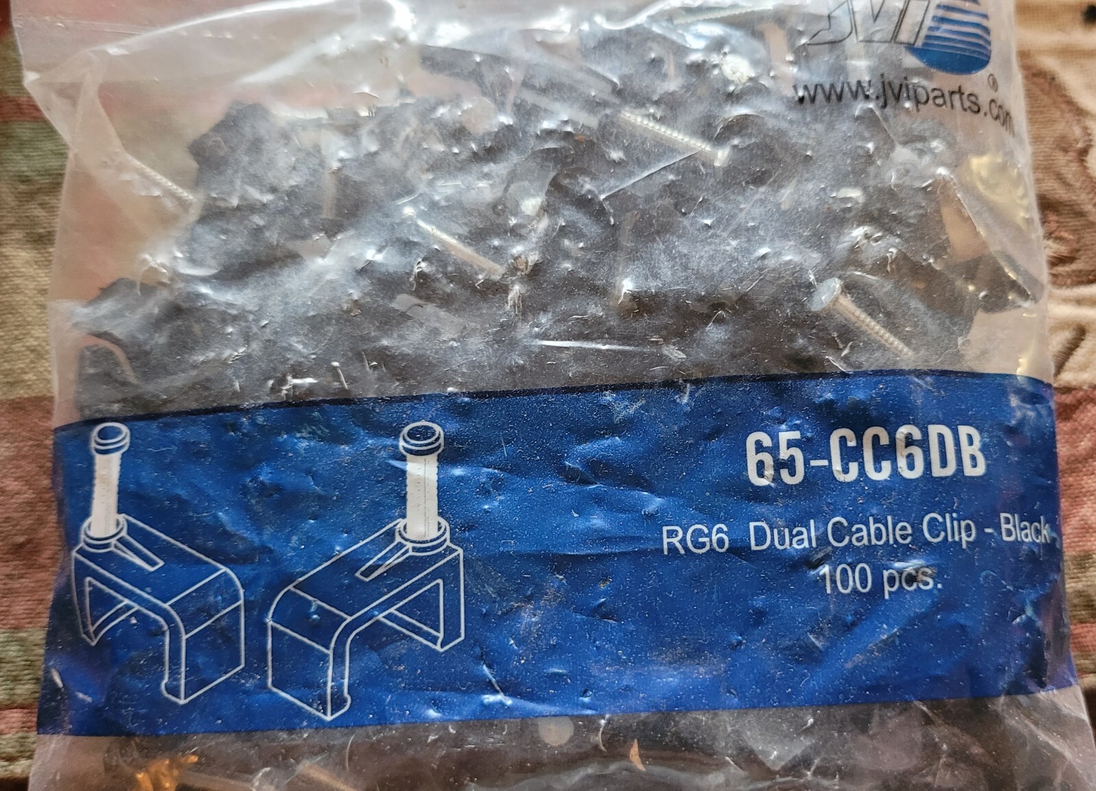 LOT of 1- Qty 100 JVI 65-CC6DB RG6 Dual Cable Clip – Black