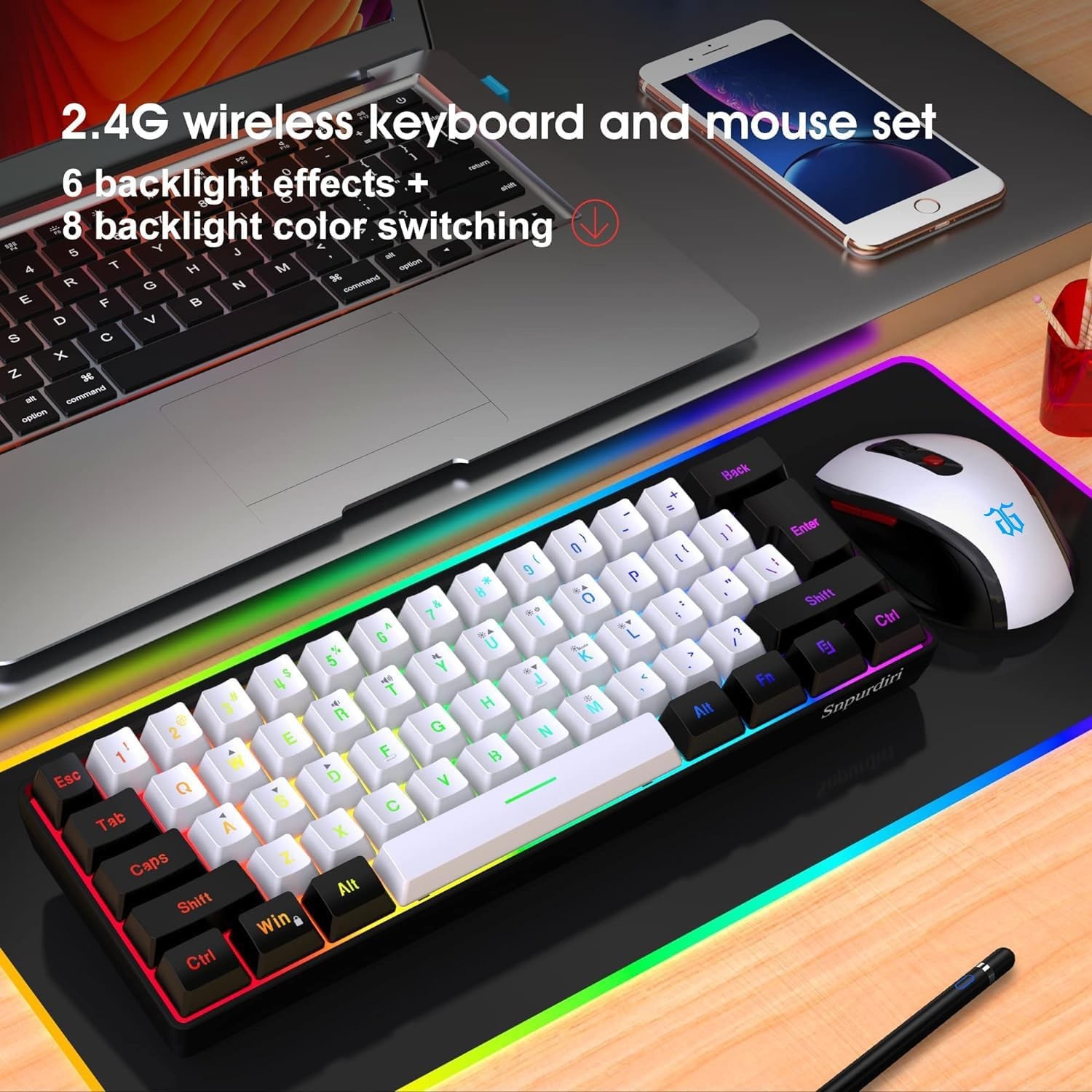 Snpurdiri 2.4G Wireless Mini 60% Gaming Keyboard & Mouse Combo RGB Backlit