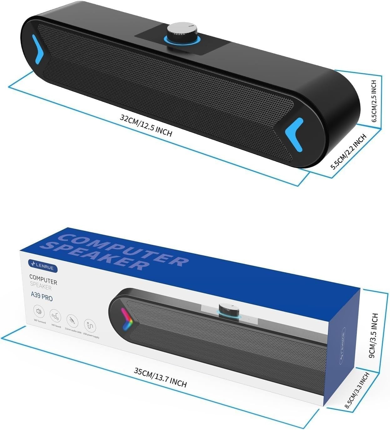 Plug-and-Play A39PRO PC Speakers: 10W Stereo Soundbar with Touch Volume Control