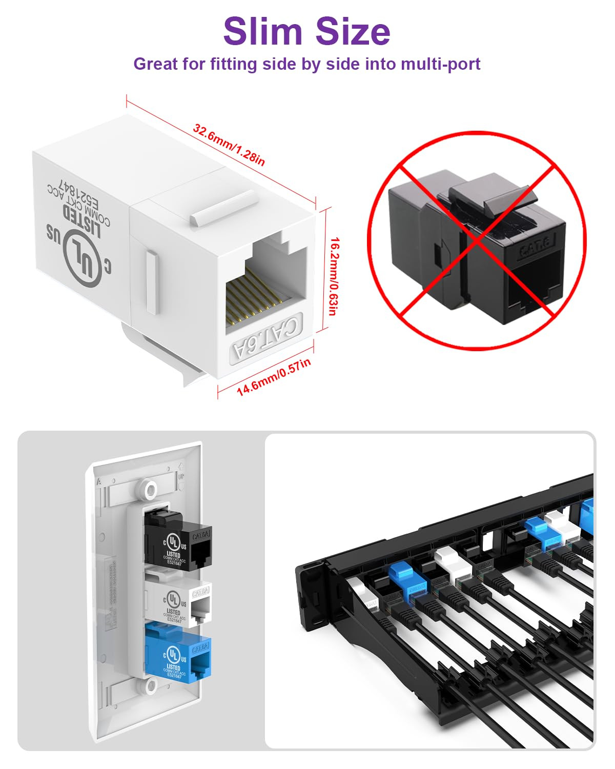 CAT6A Keystone Coupler (UL Listed, 5-Pack), UTP RJ45 Female-To-Female Ethernet J