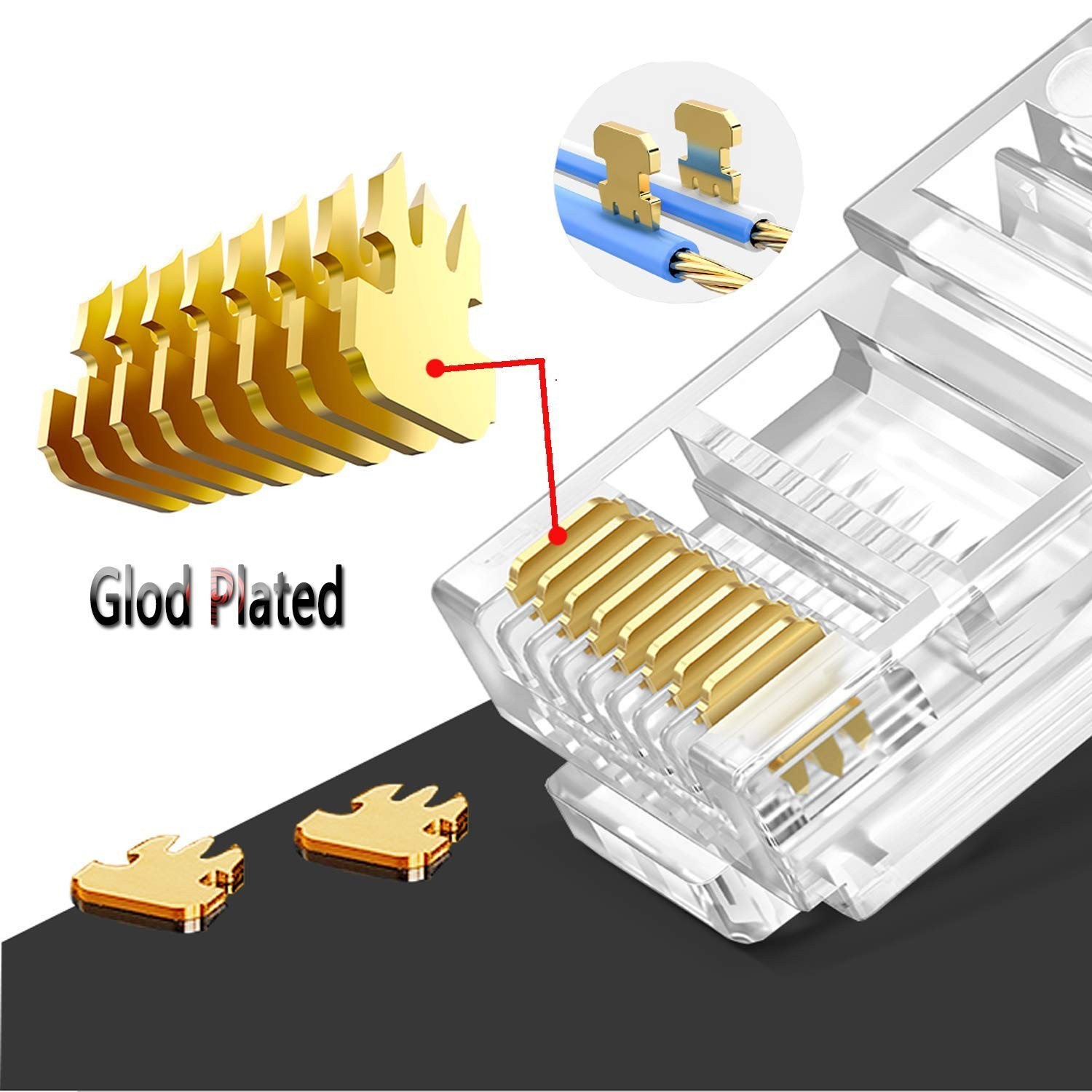 100-Pack Gold Plated RJ45 Cat6 Pass-Through Connectors – 8P8C Ethernet Plugs