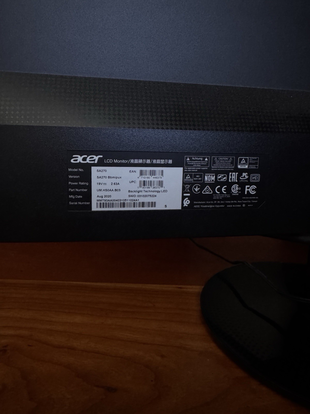 Acer SA270 27″ Monitor / FHD 75Hz / 4ms / IPS Panel