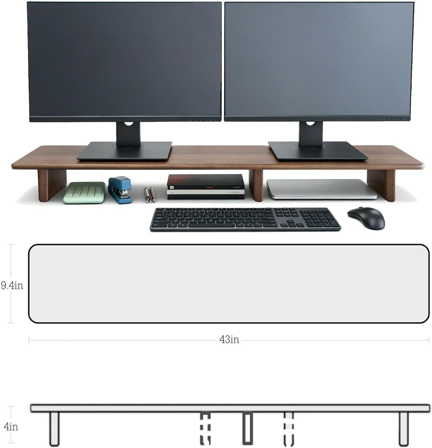 Solid Wood Dual Monitor Stand Riser Walnut Monitor Riser for Desk Wooden