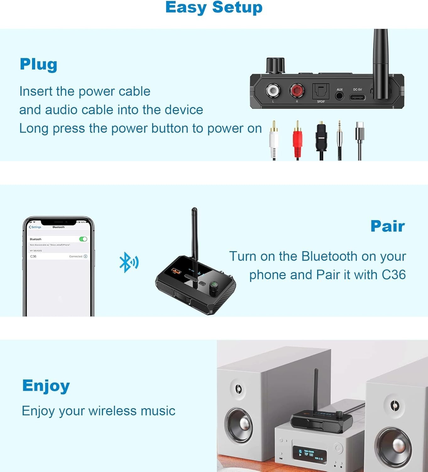 Bluetooth 5.3 Home Stereo Audio Receiver AUX Optical HD Music to RCA Adapter