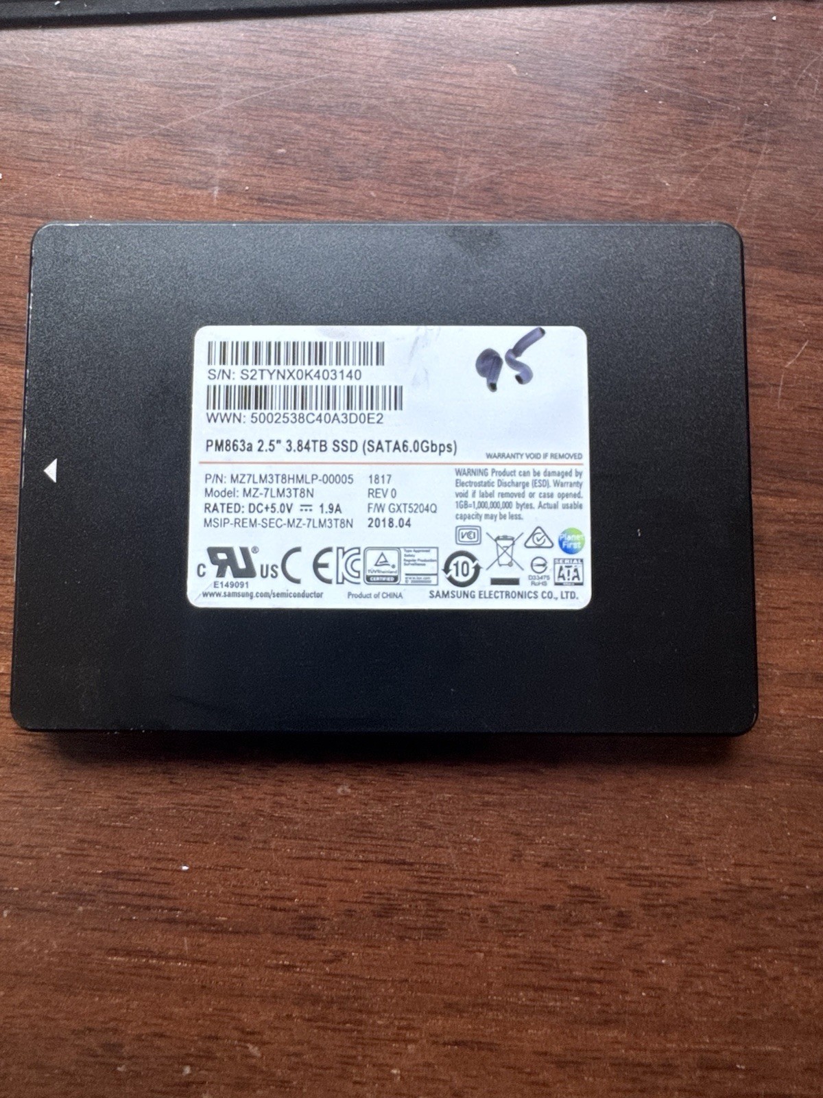 Samsung PM863a 3.84TB SATA SSD MZ-7LM3T8N 6Gbps 2.5in 95% Health