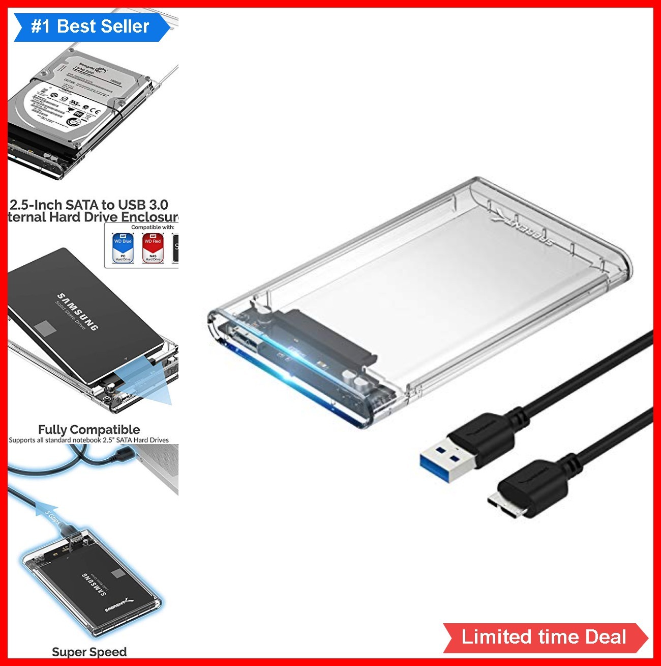 2.5 Inch SATA to USB 3.0 External SSD HDD Enclosure Clear Tool-Free