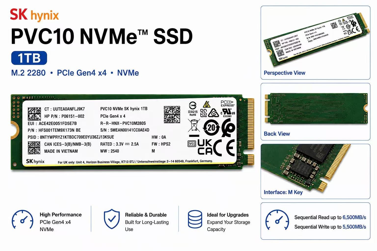 SK hynix PVC10 1TB NVMe PCIe Gen4 x4 M.2 2280 SSD OEM TLC Laptop Desktop
