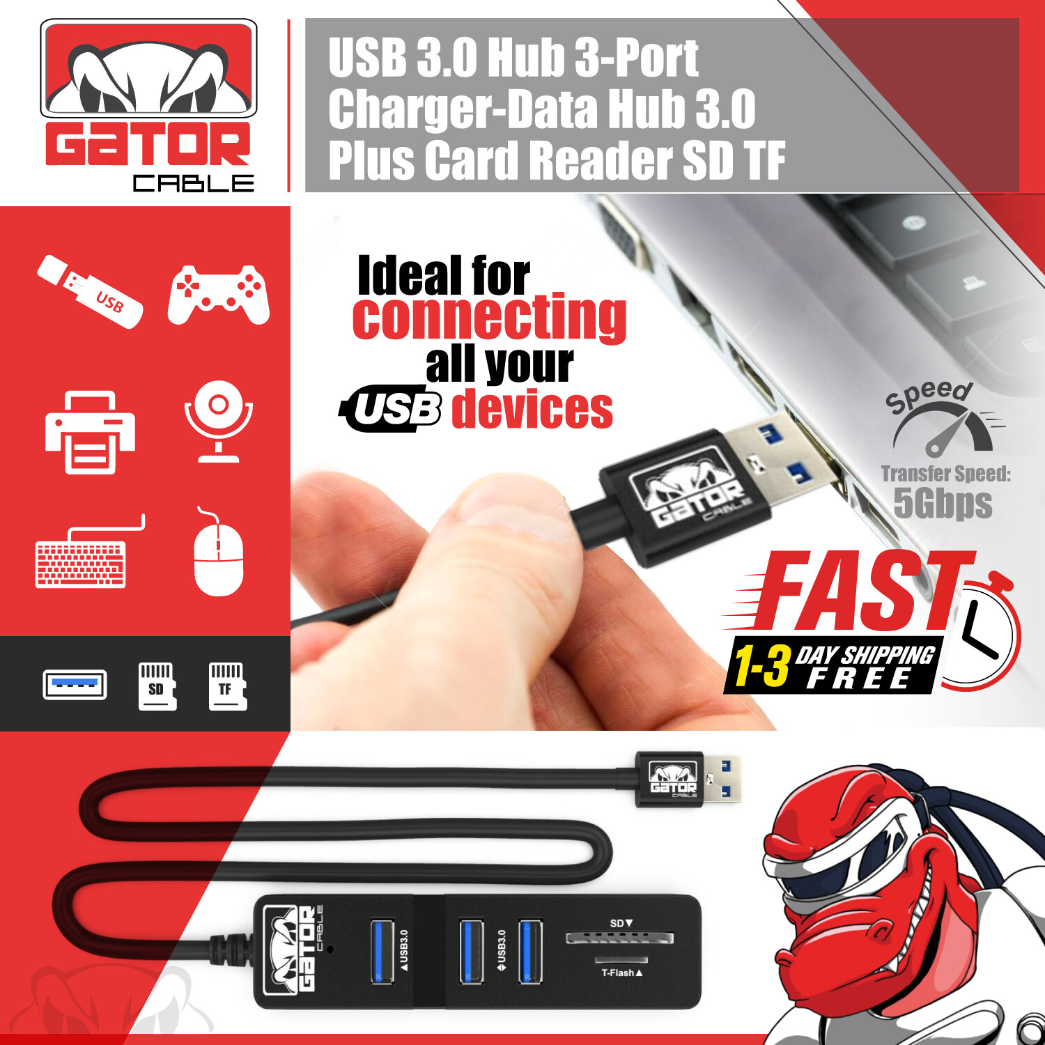 USB 3.0 HUB 3-Port Charger Data Sync SD TF Card Reader for PC Mac Laptop Desktop