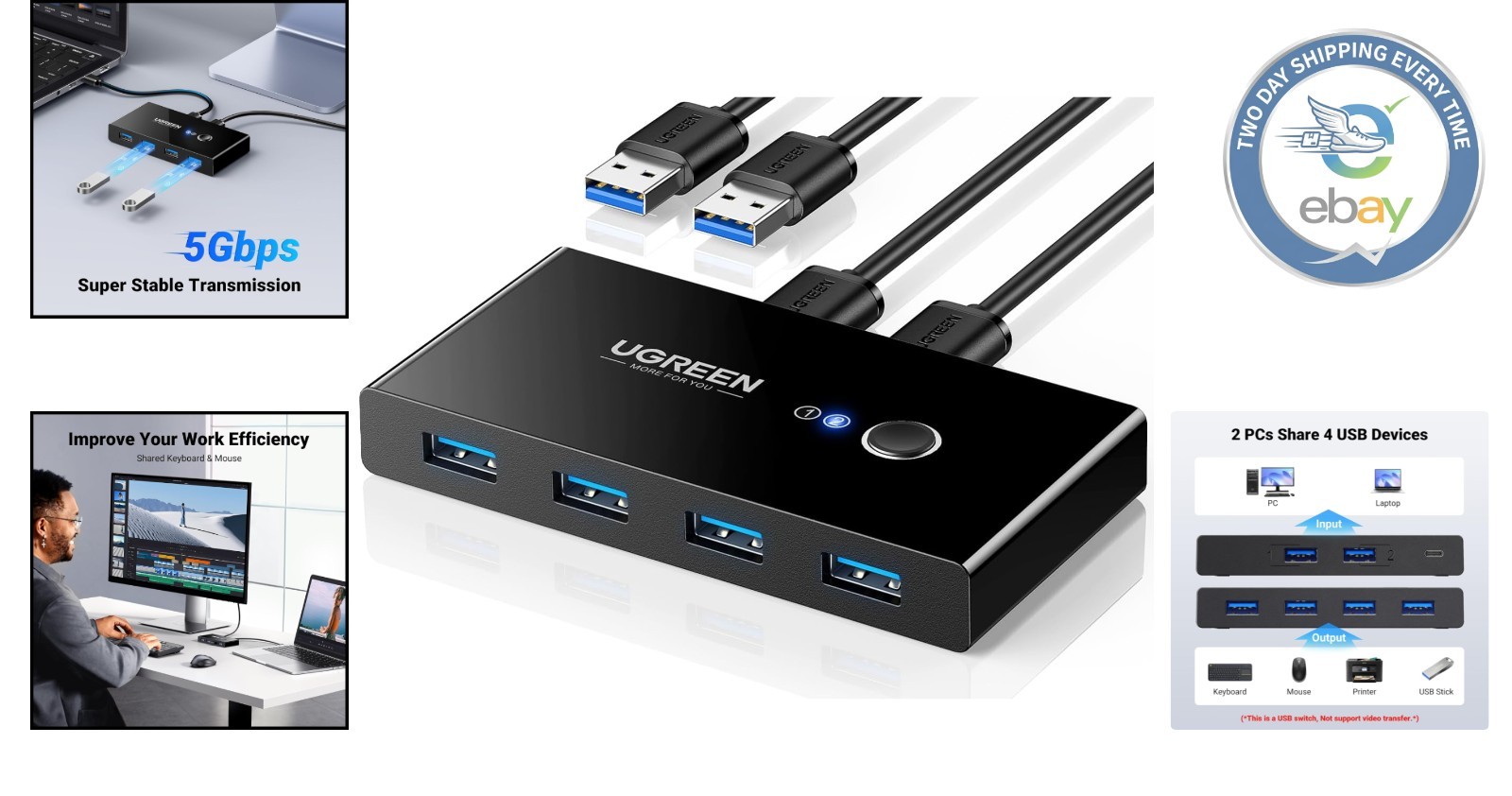 USB 3.0 2-to-4 Switch Selector with One-Button Control & Cables