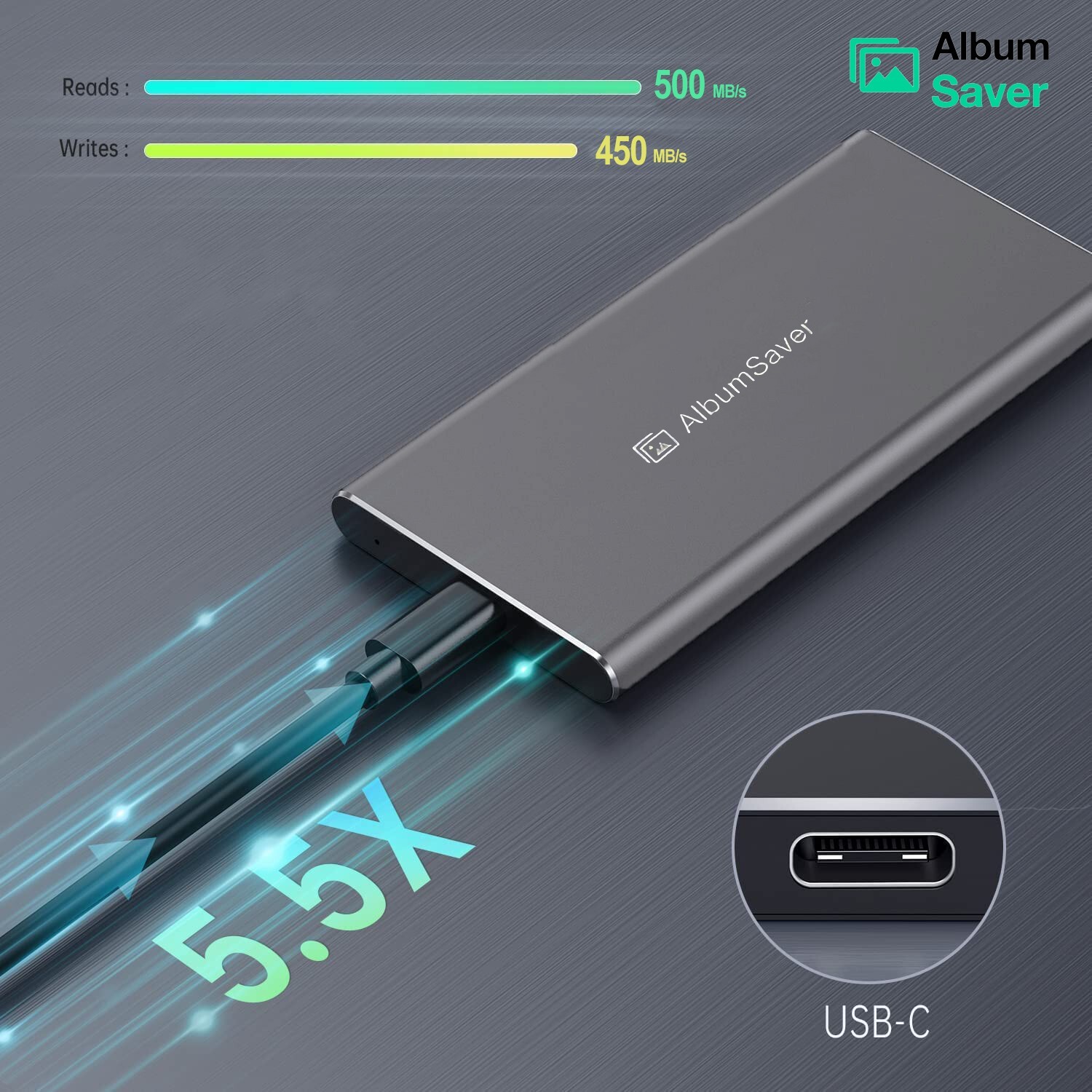 Album Saver External Solid-State Drives 512GB USB Type C- 500MB/S Super Speed