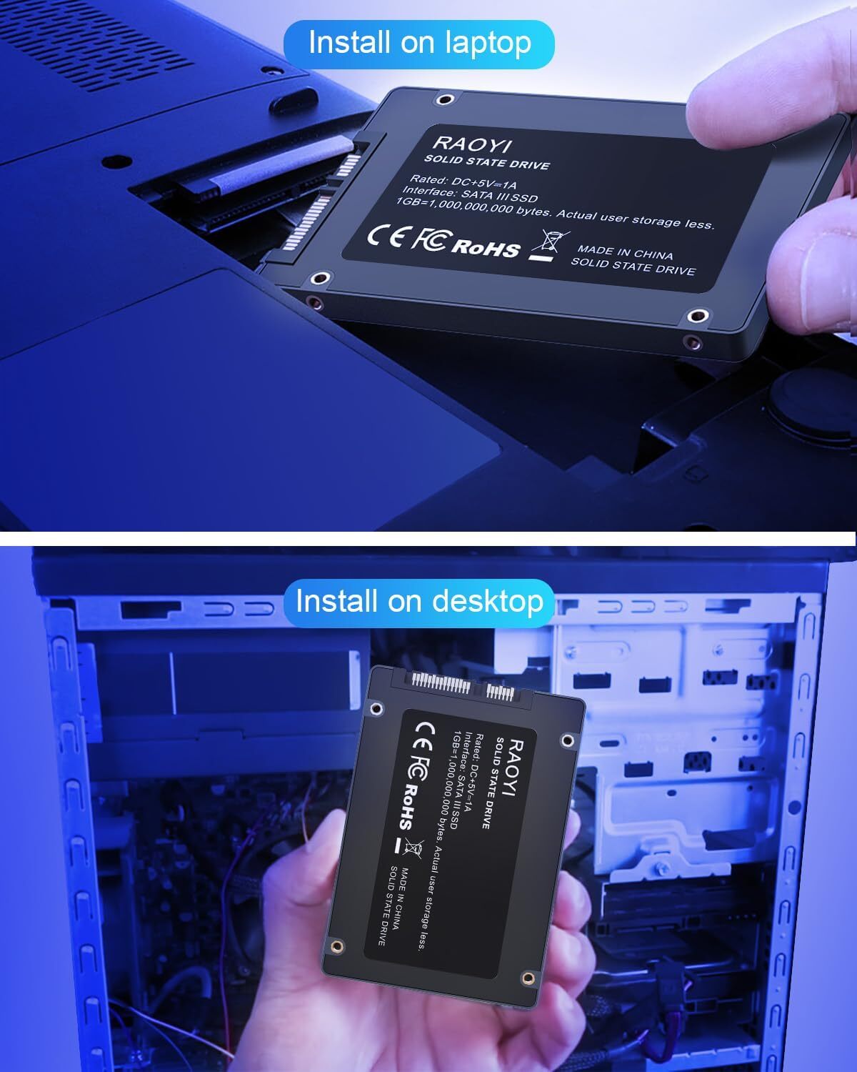 RAOYI 1TB SSD 550MB/s 2.5” SATA III Internal Solid State Drive High Speed 6Gb/s