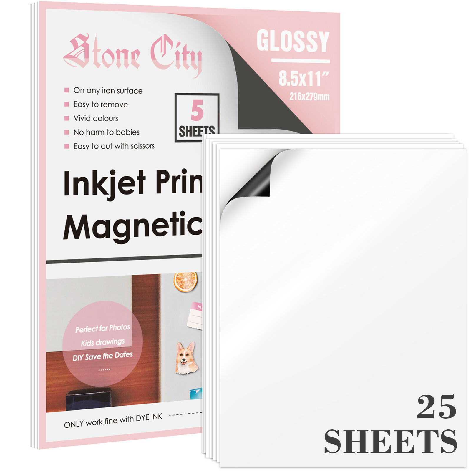 Glossy White Printable Magnet Paper 25 Sheets for Inkjet Printer Cutable 8.5×11