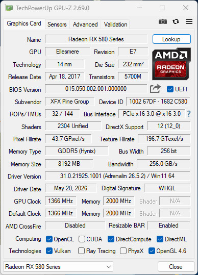 XFX Radeon RX 580 GTS XXX Edition 8GB 8G 256-bit GDDR5 PCI-E 3.0 AMD Video Card