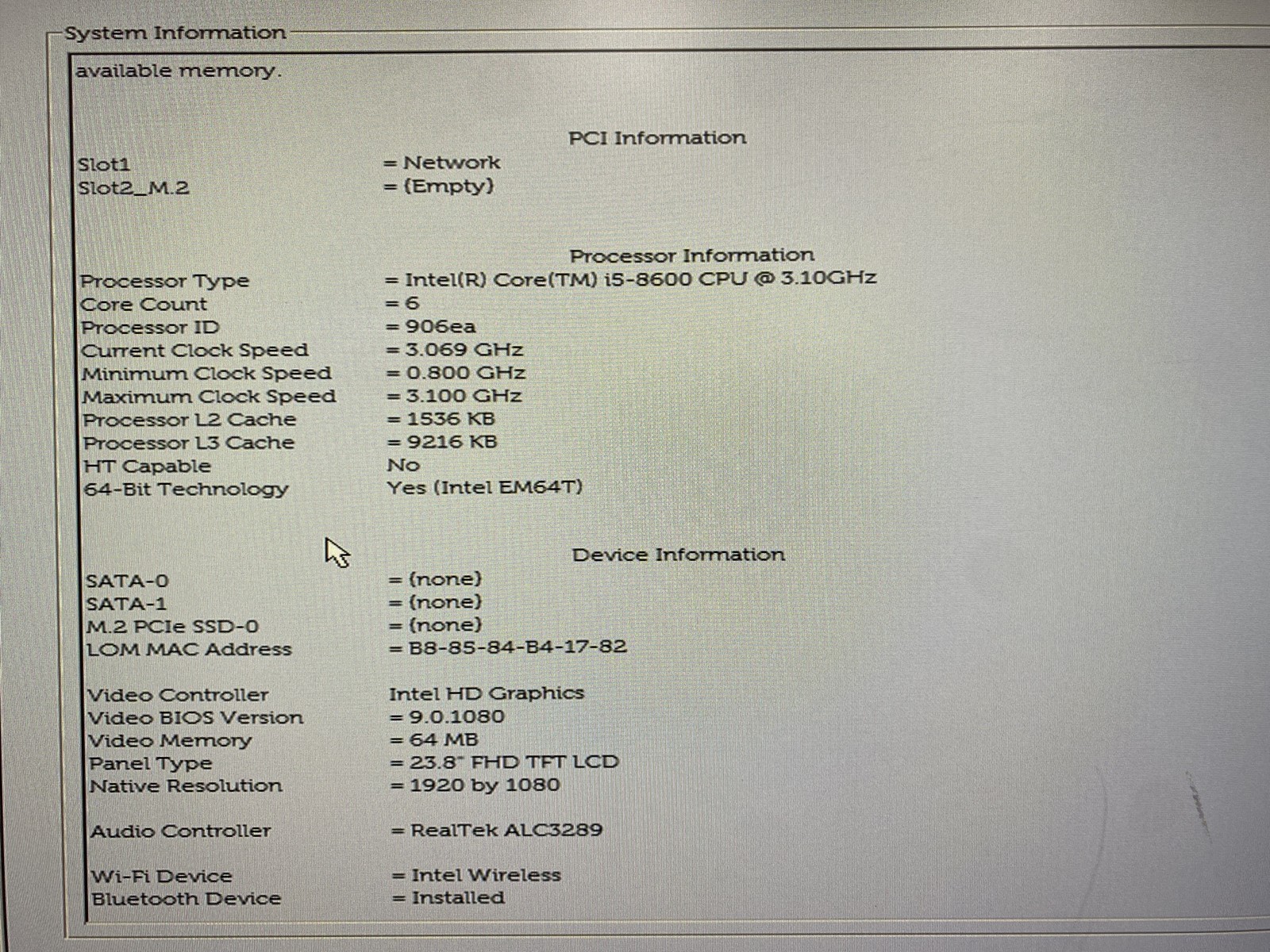 Dell OptiPlex 7460 AIO 23″ Core i5-8600 3.1GHz 8GB RAM NO HDD NO OS No Stand
