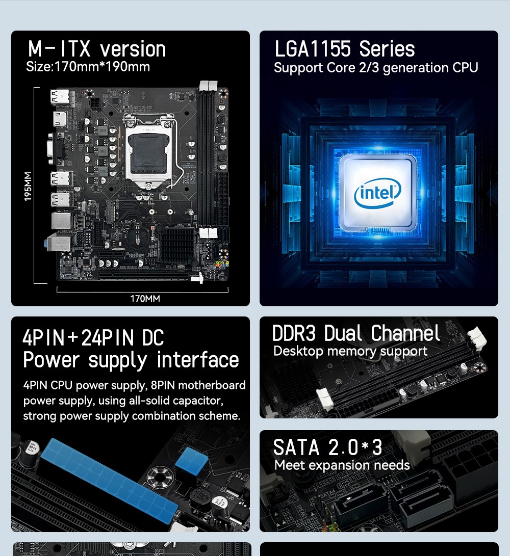 LGA 1155 H61 Motherboard M-ATX 2*DDR3 SATA/NVMe M.2 for Intel i3 i5 i7 CPUs
