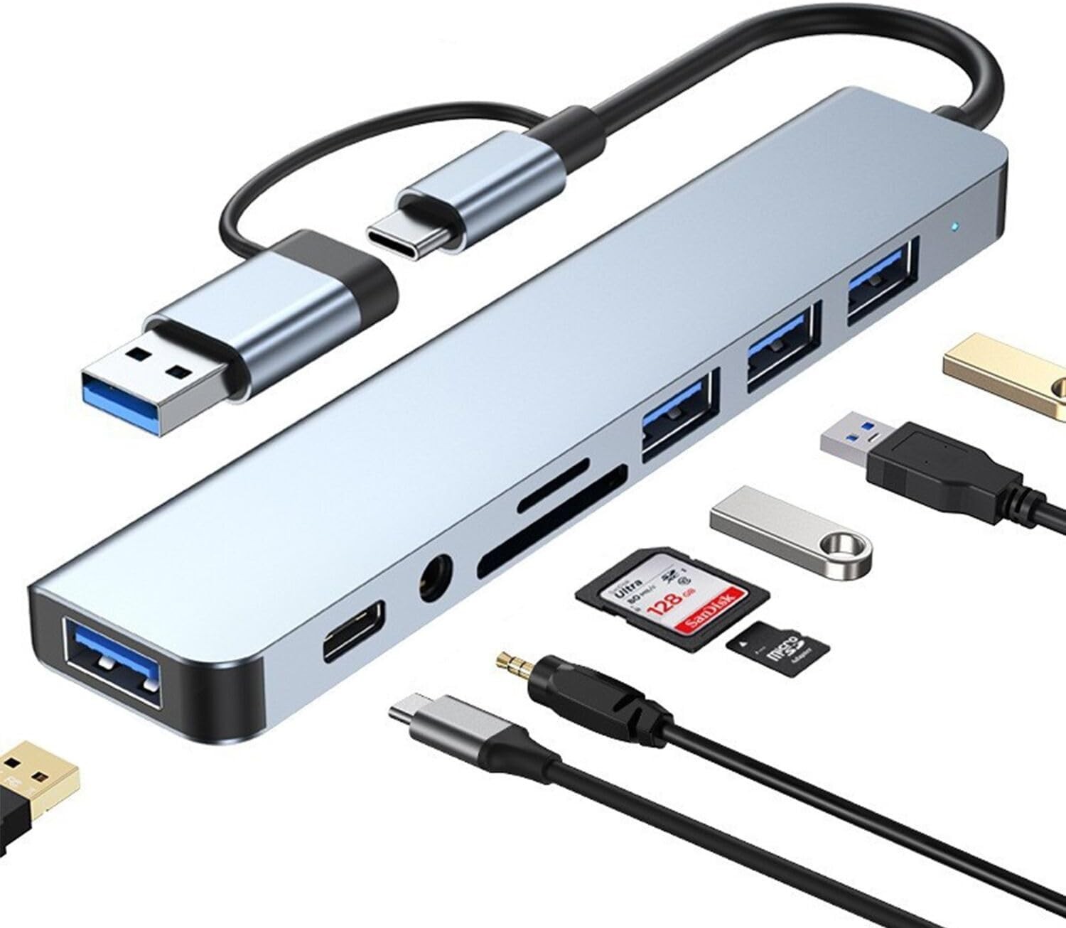 8-in-1 USB Hub: Aluminum Extension with SD Reader & 5Gbps Data Transfer, Silver