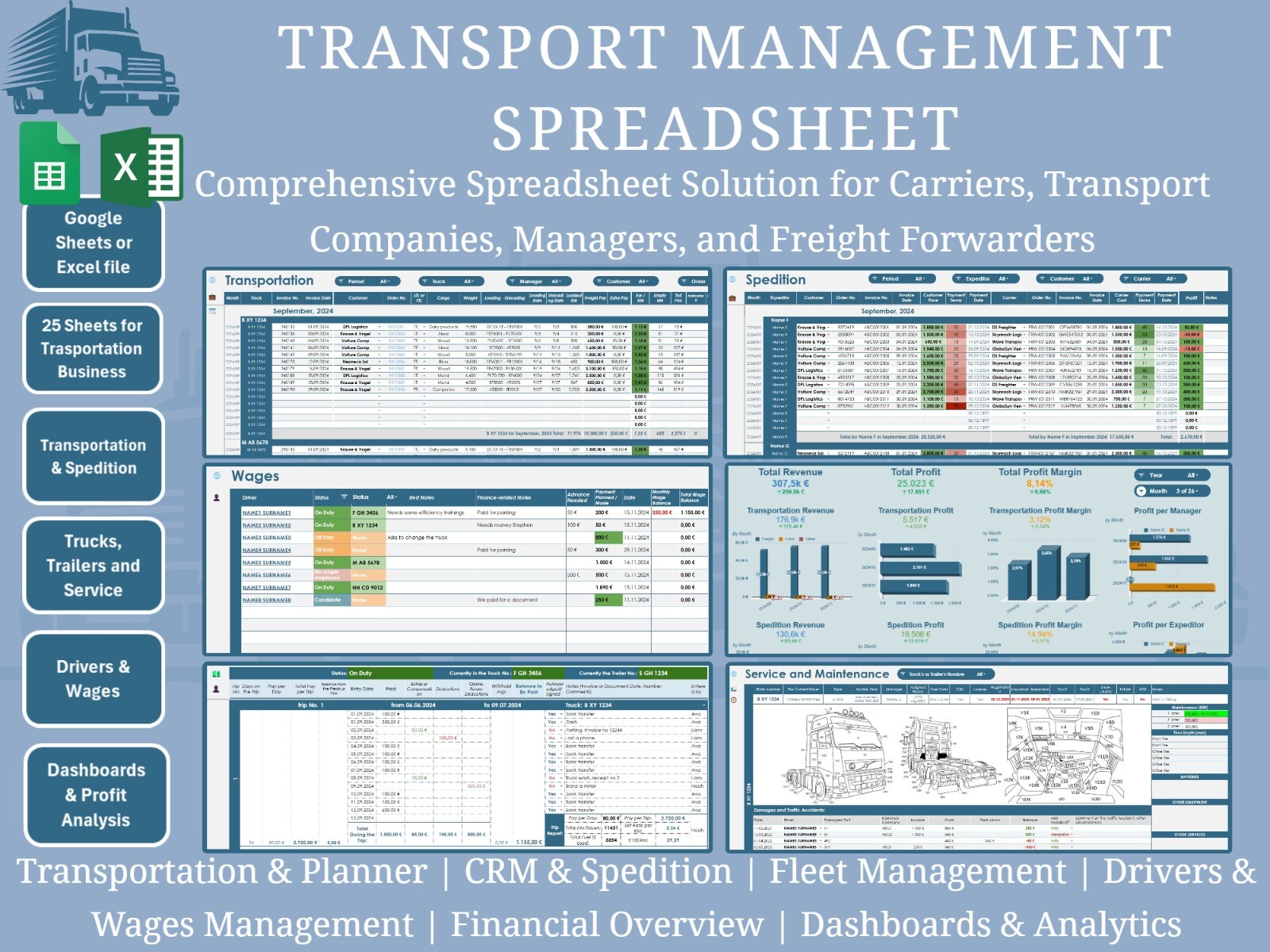 All-in-One Transport Operations Management Google/Excel Spreadsheet (Metric)