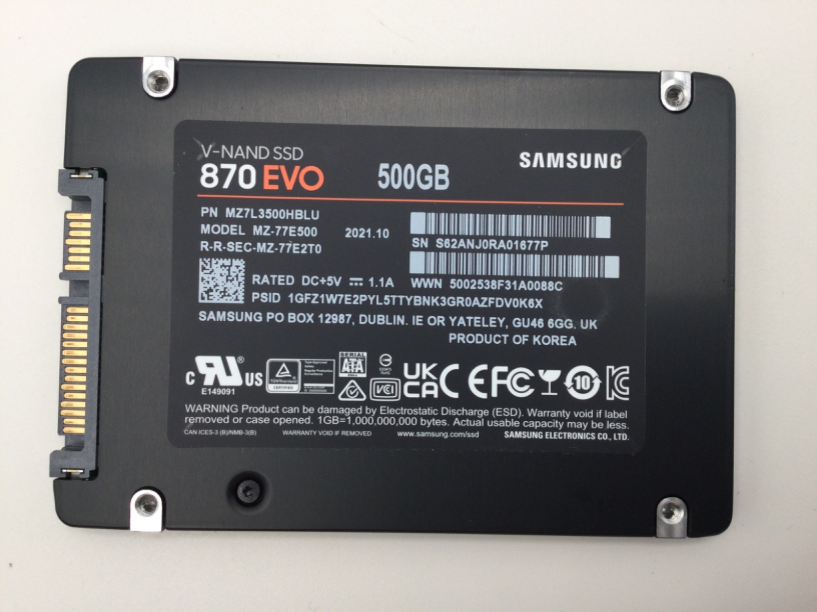 Samsung 870 EVO MZ-77E500 MZ7L3500HBLU 2.5″ 500GB SATA V-NAND SSD Tested & Wiped