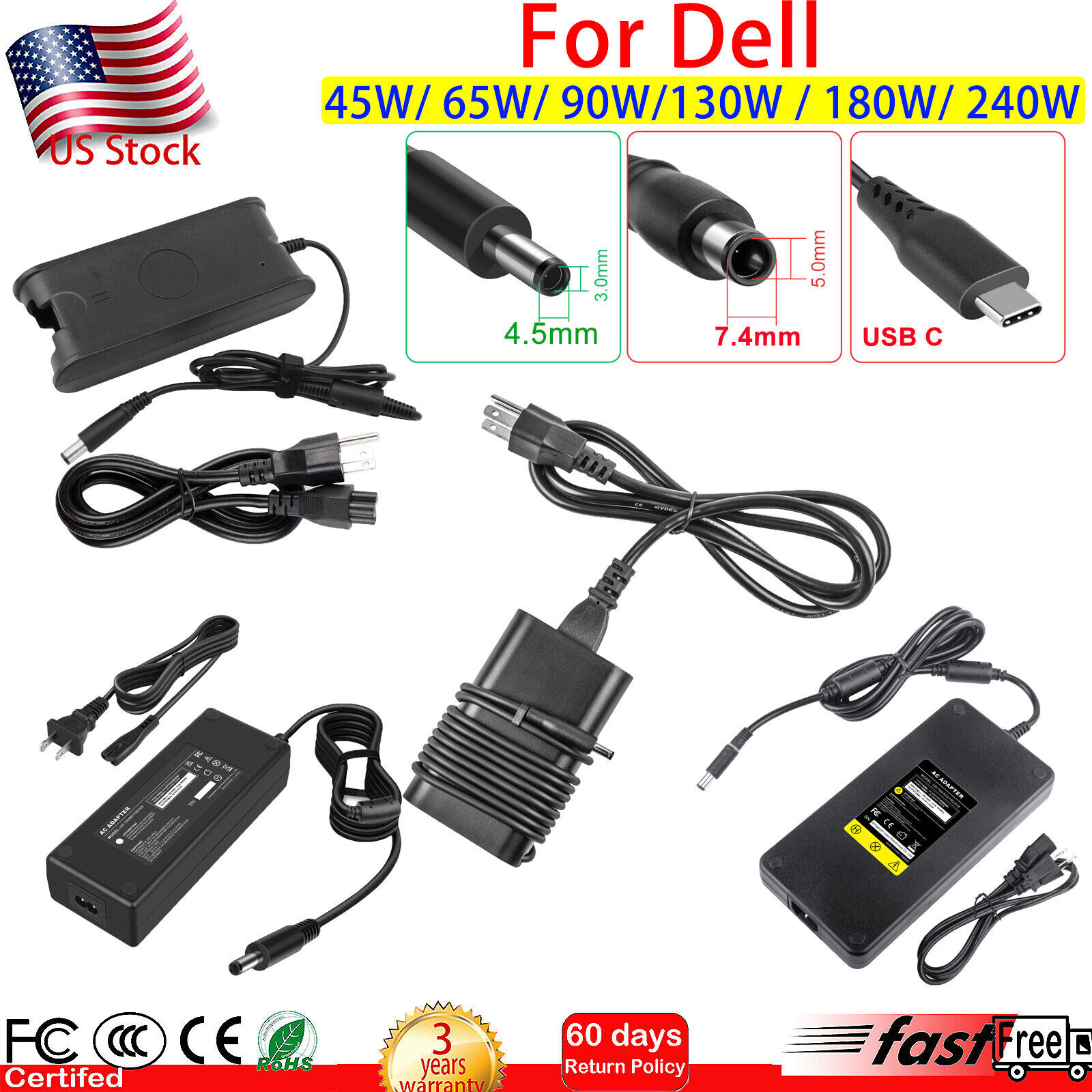 45W 65W 90W 130W 180W 240W Universal AC Adapter Power Charger For Dell Laptops