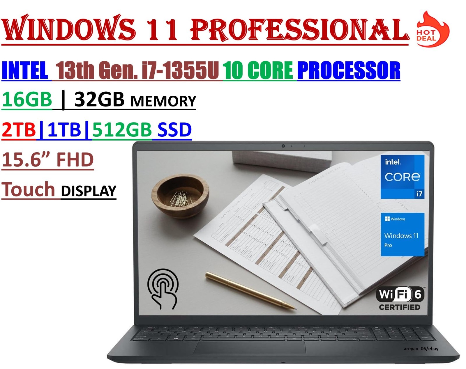 2025 Dell 15 FHD Touch 10-Core Intel i7-1355U Up to 32GB RAM 2TB SSD Win 11 Pro
