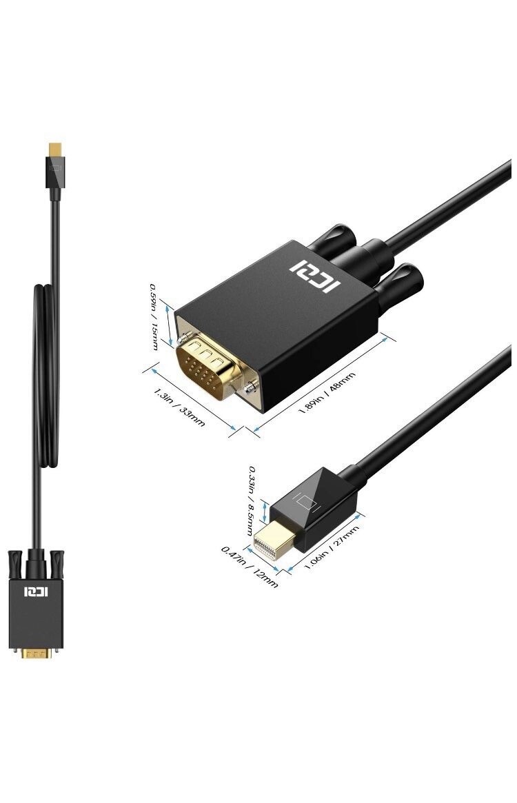 Mini Display Port to VGA, Gold-Plated 1080P Mini DP to VGA, 10 Ft