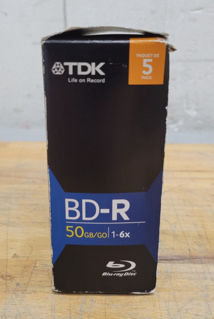 TDK Blu-Ray BD-R Discs 5 Pack – 1-6x 50GB Dual Layer Discs – Open Box