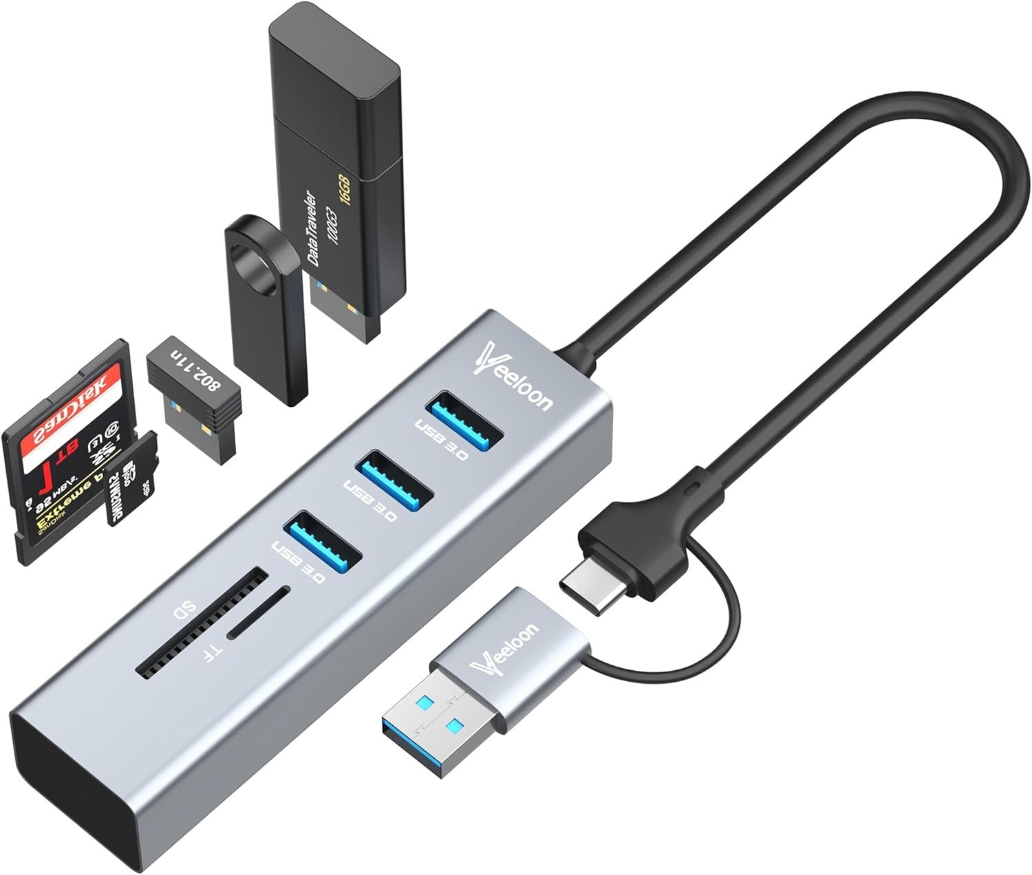 USB C 3.0 Hub Splitter 5 in 1 SD TF Card Reader with USB A Adapter OTG