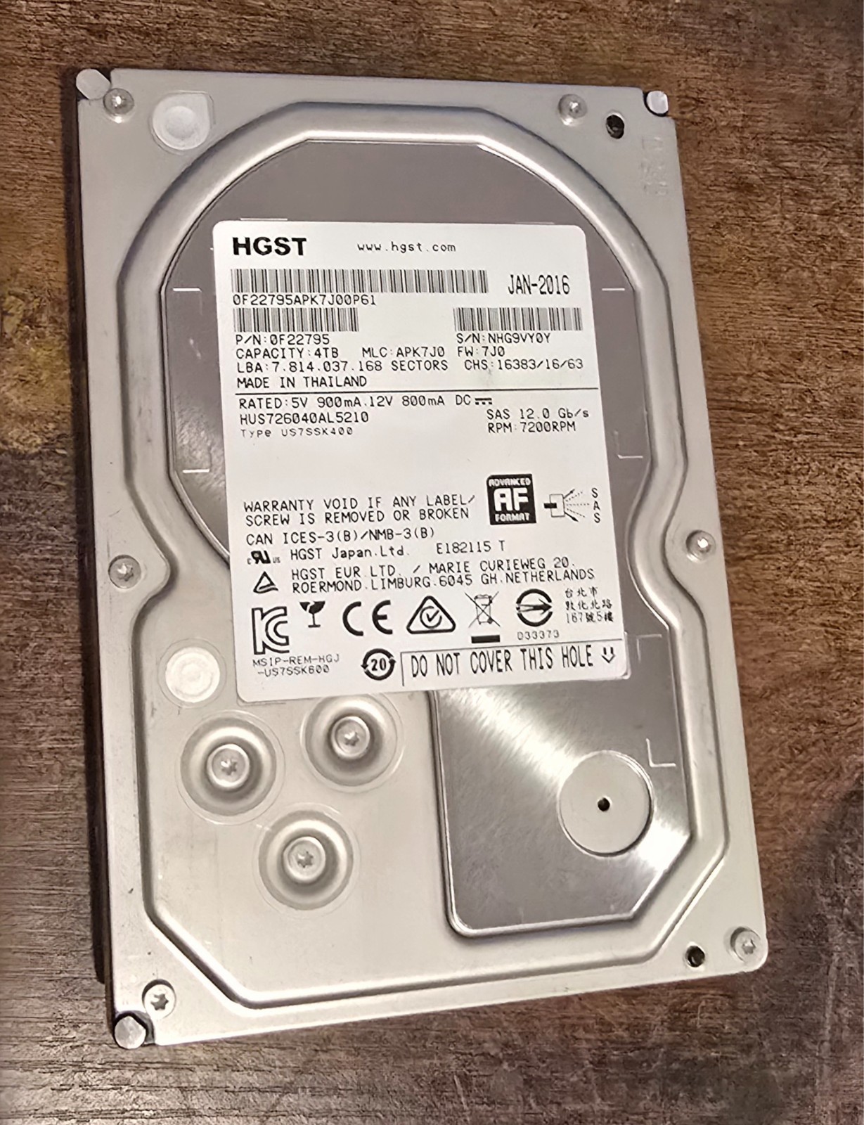 HGST 4TB 7200RPM 3.5 inch (HUS726040AL5210) Hard Drive 0F22975 SAS3 12.0 Gb/s